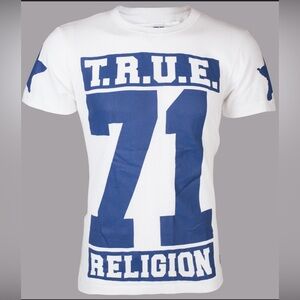 TRUE RELIGION 71 Stars White Royal Blue Mens Crew Neck T-shirt Size Lg Like New